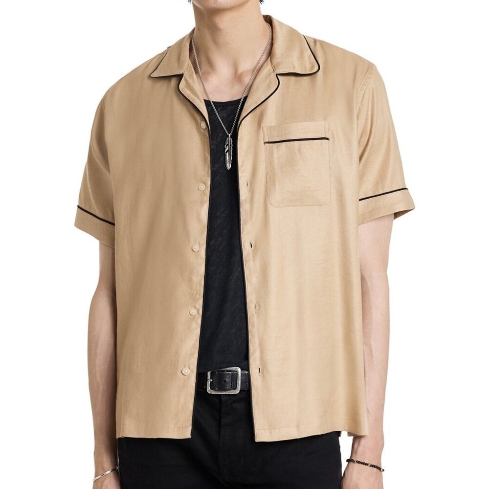John Varvatos Mens Light Khaki Campos Linen Blend Piping Camp Shirt NWT 248